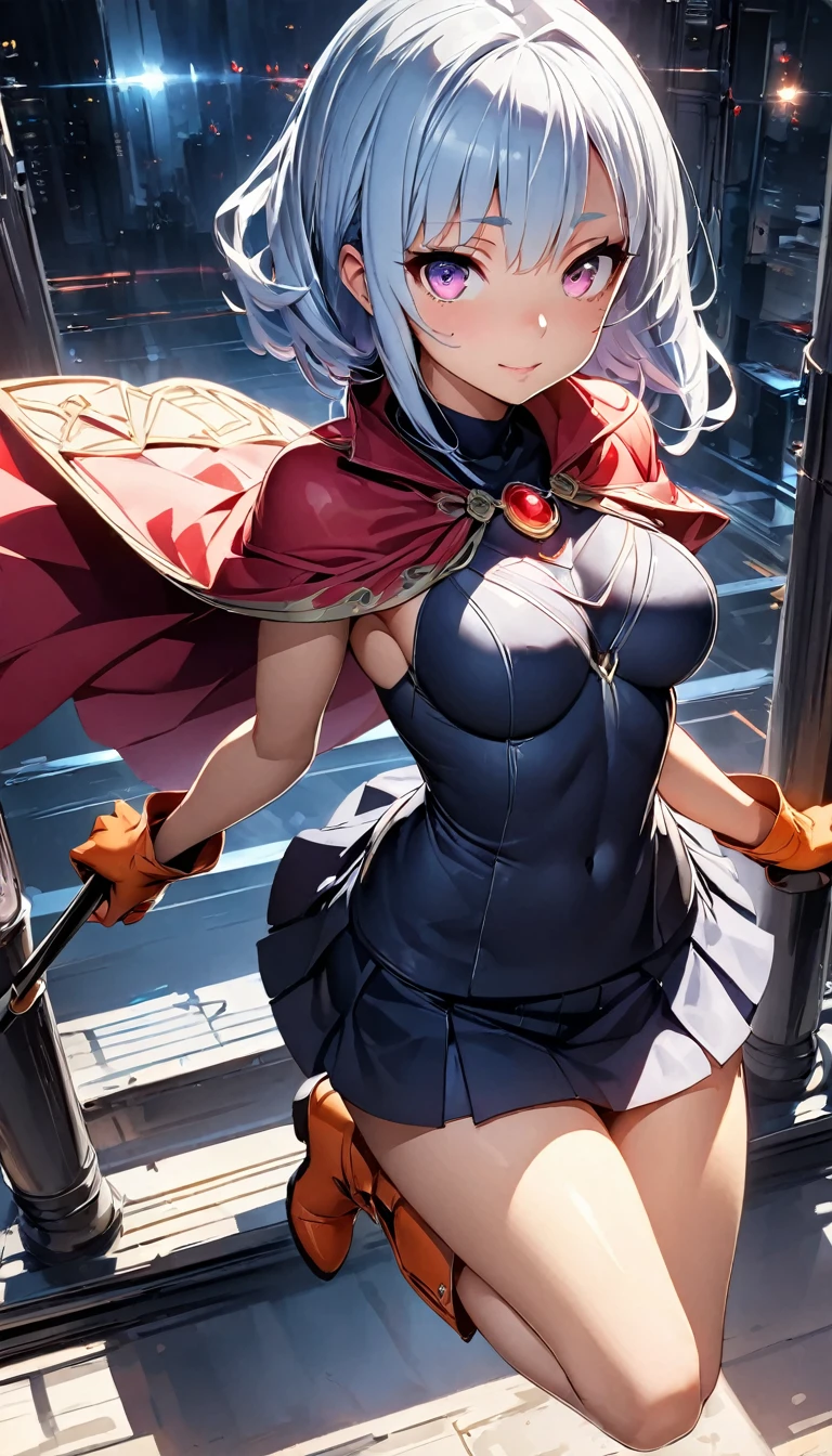 (Perfect Anatomy)、Mastepiece、Ultra High Quality、 8K、masterpiece、Highest quality、Ultra-high resolution、Maximum resolution、Very detailed、Professional Lighting、anime、woman、thin、so beautiful、Highly detailed eye、Highly detailed face、Light blue hair,、Pink eyes、Mid-chest, DQⅢ、sage、White bodycon、mini skirt、Blue turtleneck cape、Long orange boots、Orange long gloves、A circlet with a red round gemstone, full body, hold a cane in hand