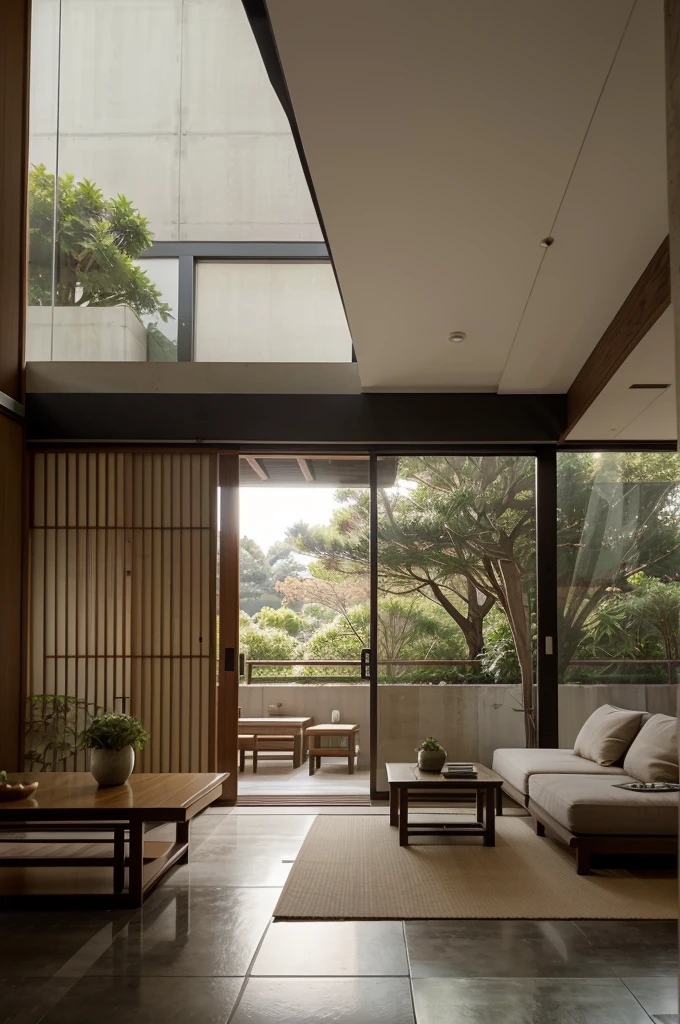 Imagine a modern industrial contemporary Japanese living room, where simplicity meets sophistication. The space features a polished concrete floor adorned with a large, hand-woven tatami mat serving as a central area for seating. Low, modular furniture in muted tones of charcoal and beige surrounds a minimalist coffee table, all carefully arranged to encourage intimate conversations. A wall of floor-to-ceiling windows offers a panoramic view of a meticulously tended Zen garden, with carefully placed rocks and moss creating a tranquil focal point. Soft, indirect lighting emanates from discreet fixtures embedded in the ceiling, casting a gentle glow over the room's clean lines and natural materials. Artwork inspired by traditional Japanese motifs adorns the walls, adding a touch of cultural richness to the contemporary ambiance. This living room exemplifies a harmonious blend of functionality and aesthetic refinement, providing a serene retreat from the fast-paced world outside.