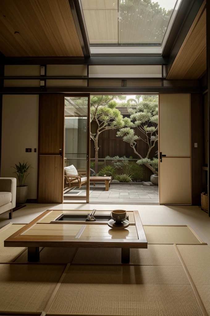 Imagine a modern industrial contemporary Japanese living room, where simplicity meets sophistication. The space features a polished concrete floor adorned with a large, hand-woven tatami mat serving as a central area for seating. Low, modular furniture in muted tones of charcoal and beige surrounds a minimalist coffee table, all carefully arranged to encourage intimate conversations. A wall of floor-to-ceiling windows offers a panoramic view of a meticulously tended Zen garden, with carefully placed rocks and moss creating a tranquil focal point. Soft, indirect lighting emanates from discreet fixtures embedded in the ceiling, casting a gentle glow over the room's clean lines and natural materials. Artwork inspired by traditional Japanese motifs adorns the walls, adding a touch of cultural richness to the contemporary ambiance. This living room exemplifies a harmonious blend of functionality and aesthetic refinement, providing a serene retreat from the fast-paced world outside.