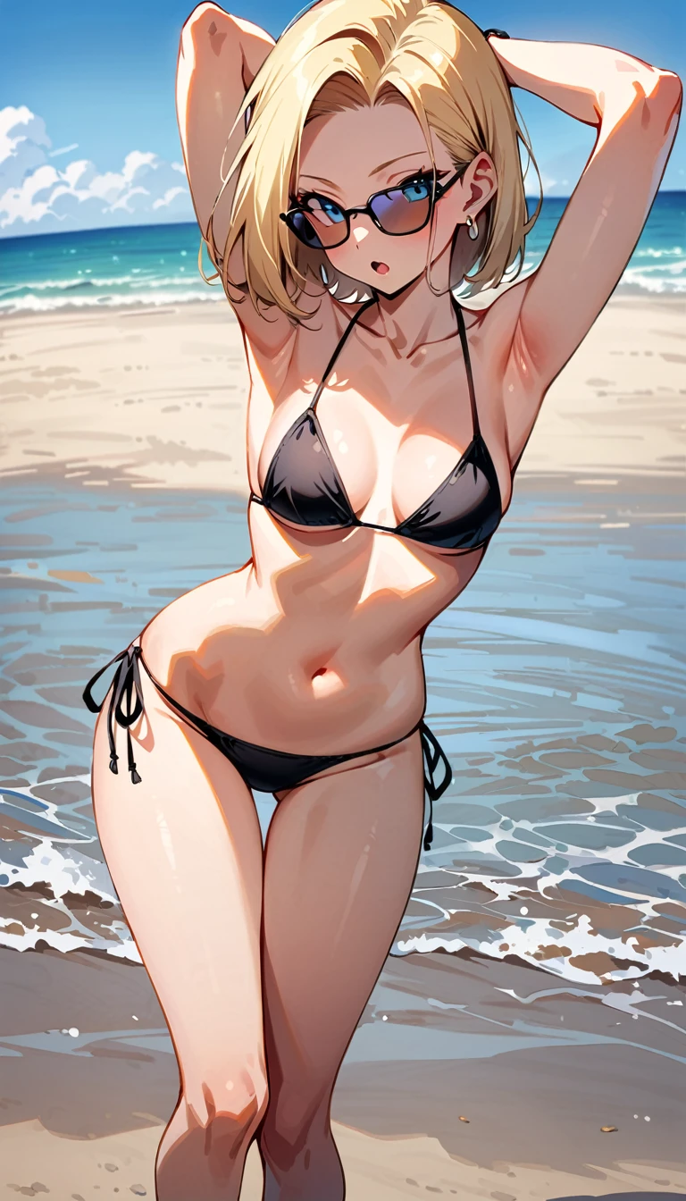 (masterpiece, best quality:1.2), full body, solo, Android 18 from Dragon Ball, ((black string bikini, thigh gap)), small breasts, short blonde hair loose, (wearing sunglasses), earrings on earlobes, slender feminine figure, skinny body, cleavage, light blush, chill, simple, cloudy sky, magnificent view, blur background, 4K, beautiful armpits, arms up behind, Japanese sandals, open mouth, beach, standing, side-tie bikini bottom