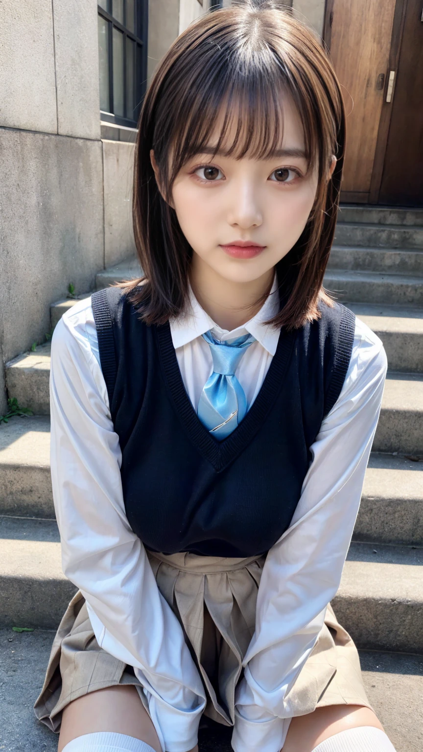 (8K, RAW Photos, Highest quality, masterpiece:1.2), masterpiece, super detailed, super high quality, (Realistic and photorealistic photography:1. 37), High-resolution RAW color photos, Very delicate and beautiful, highly detailed, 8k wallpaper, wonderful, detailed, Very eye, very detailed, very detailed skin, very thin fingers, very detailed nose, very detailed mouth, Perfect Anatomy, BREAK,18 year old girl, moped, short hair, bangs, emphasize breasts, huge breasts, colossal tits, very huge round breasts, beauty legs, (Spread your legs:1.2), (Open your legs:1.2), Hands between legs, (perfect body shape:1.1), Big Natural Color Lip, Small and round face, cute type, (Details High quality, realistic depiction of eyes:1.3), Beautiful makeup, glitter makeup, BREAK, skirt, socks, black socks, pleated skirt, kneehighs, white shirt, blue necktie, long sleeves, vest, collared shirt, BREAK, (sitting on a step:1.2), bold sexy pose