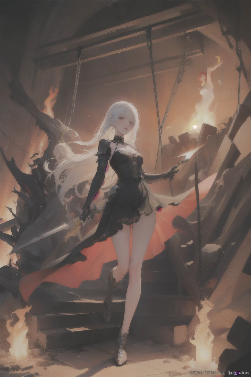 ((Finest quality)),(超A high resolution),(ultra-detailliert),(Meticulous portrayal),((Best Anime)),(Finest works of art),(Ultra-Precision Art),(The art of astounding depiction,Overwhelming depiction:1.5),(intricate and detailed art:1.6), (adult woman:1.5),(Hanging:1.6),Staring at this:1.4,sneering:1.5,(Armor shaped like a skeleton:1.3), (Black Flame:1.5), terrifying, nightmarish, cosmic horror, a heavenly female knight, biblical, very skinny, detailed, best quality, prominent collarbones, skinny arms, flat stomach, visible hip bones, dynamic poses, full body, red and white clothing, occult aesthetic, occult, detailed and intricate steampunk and detailed gothic, Fluttering lace flared long knee length dress with frilly petticoats, knee length dress, pleated petticoats, petticoats gothic, complex lace boots, gothic aesthetic, wielding a mighty sword with mechanical components, mandalas, full body, whole body, body, chains,