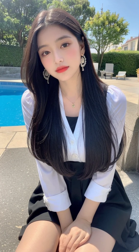 (best qualityer, 8K, Masterpiece artwork:1.3)), A pretty maiden,puros,melon seed face,Kind and cute,Um dolce sorriso,Pure Desires,Lean height,(The street),(Tilt your head),looking directly at the camera,uniforms, inner strength, formal,Long silky black, slickedback hair,Long hair falling over the shoulders,The large, round-cropped, 黑The eye,big and clear eyes,Hydrated red lips,dolce,gorgeous necklace,delicate earrings,Sitting on the edge of the pool,com blue sky e nuvens brancas,blue sky , big boobies , breasts showing , no censure , porn , HAVING SEX