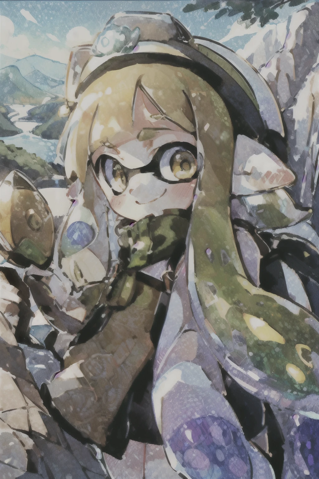 masterpiece、Highest quality、High resolution、Super detailed、((Splatoon Girl))、Mountain Guard、Vast mountain scenery、Sheer cliff、On a high cliff、Are standing、Super high mountain observation deck、、Beautifully depicts the face、A slightly thinner face、Cute face、Golden Eyes、Golden tentacle hair、blush、smile、