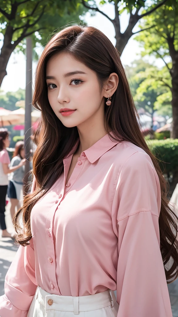 highest quality、4K、Perfect Face、Perfect Style、perfect body、Sunburn、beautiful lady、mature、long curly layer brown hair、Swept-back hair、full body, sexy 、charming、healthy、pink shirt, cherry pierce、at park、coffee