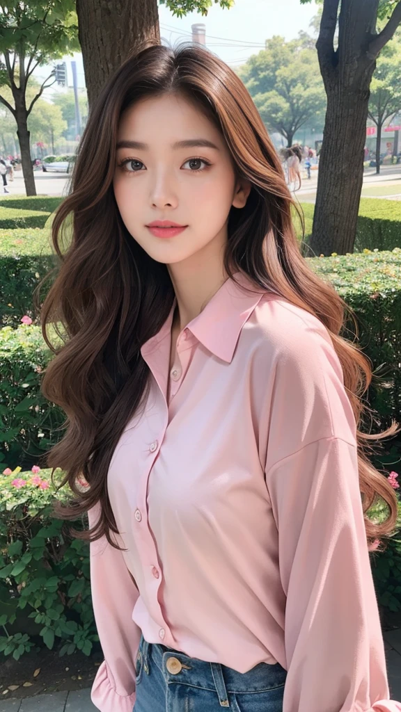highest quality、4K、Perfect Face、Perfect Style、perfect body、Sunburn、beautiful lady、mature、long curly layer brown hair、Swept-back hair、full body, sexy 、charming、healthy、pink shirt, cherry pierce、at park、coffee