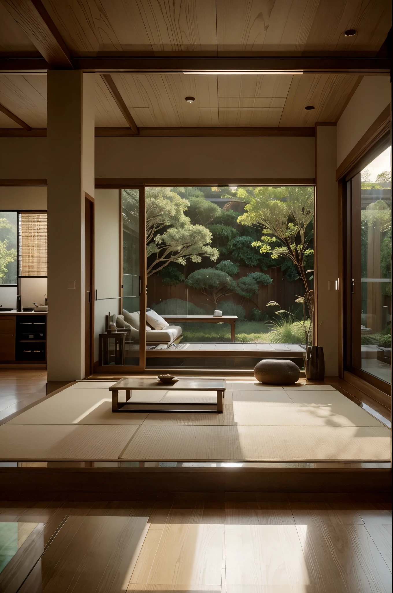 Imagine a modern industrial contemporary Japanese living room, where simplicity meets sophistication. The space features a polished concrete floor adorned with a large, hand-woven tatami mat serving as a central area for seating. Low, modular furniture in muted tones of charcoal and beige surrounds a minimalist coffee table, all carefully arranged to encourage intimate conversations. A wall of floor-to-ceiling windows offers a panoramic view of a meticulously tended Zen garden, with carefully placed rocks and moss creating a tranquil focal point. Soft, indirect lighting emanates from discreet fixtures embedded in the ceiling, casting a gentle glow over the room's clean lines and natural materials. Artwork inspired by traditional Japanese motifs adorns the walls, adding a touch of cultural richness to the contemporary ambiance. This living room exemplifies a harmonious blend of functionality and aesthetic refinement, providing a serene retreat from the fast-paced world outside.
