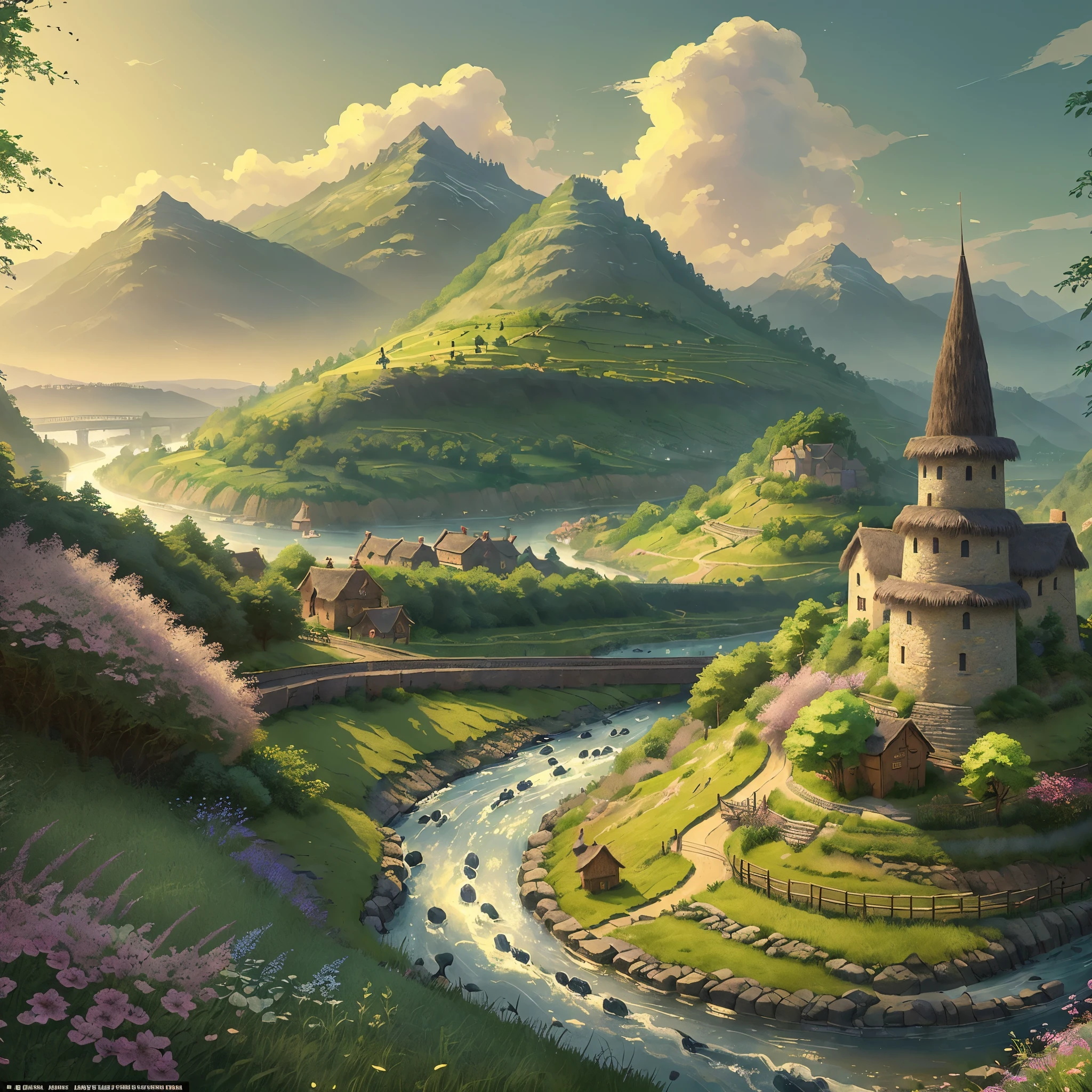 ((best quality)), ((masterpiece)), (detailed), a beautiful, a set of train tracks run through a lush fantasy landscape, a small fantasy village sits near a river bank in the distance, fantasy village, railroad, gorgeous fantasy landscape, stunning world, in the style of video game concept art