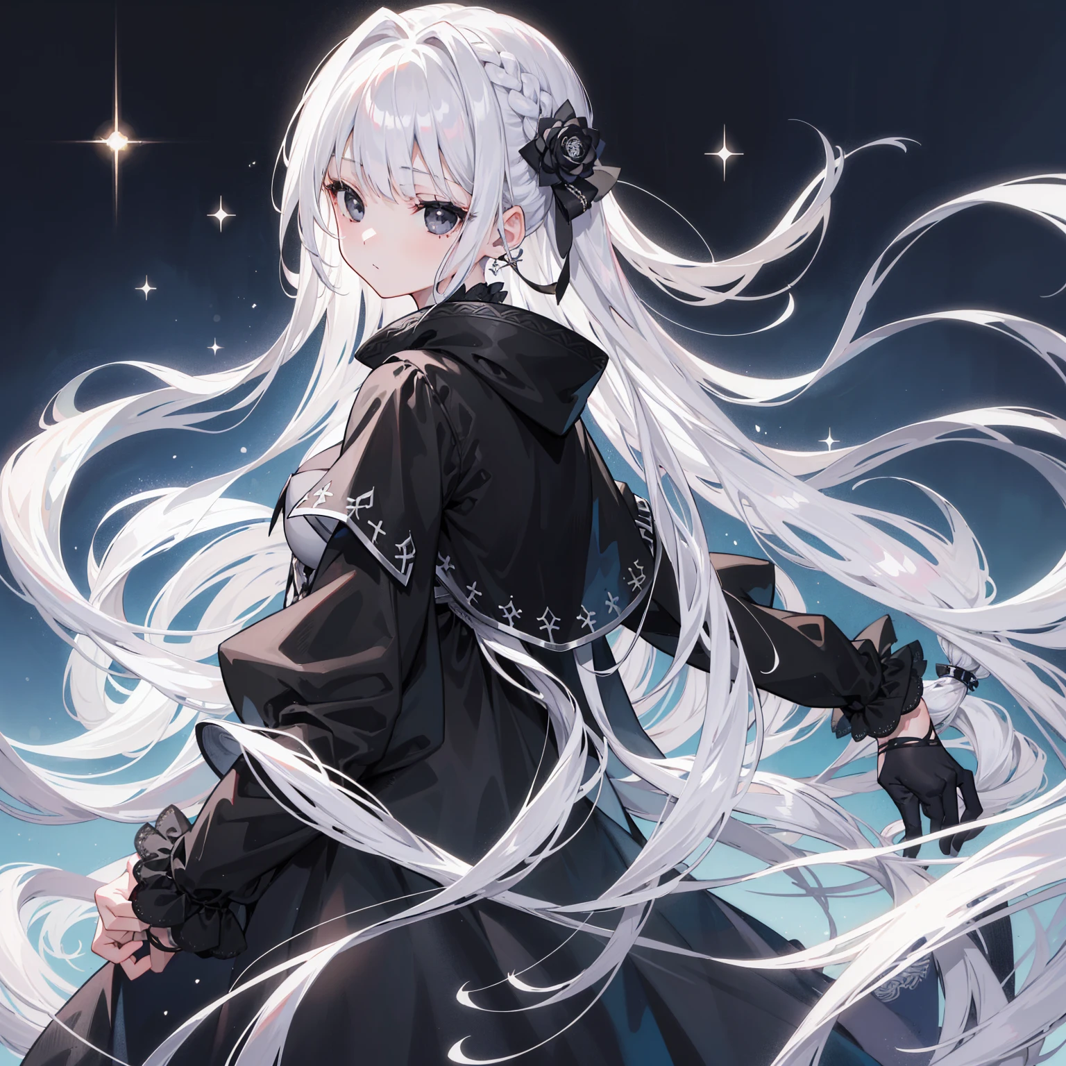 (Top image quality)、(Ultra Detailed)、(Facing forward)、top quality、masterpiece、(((1 girl)))、Silver Hair、white hair、((Long hair))、(black eyes:1.6)