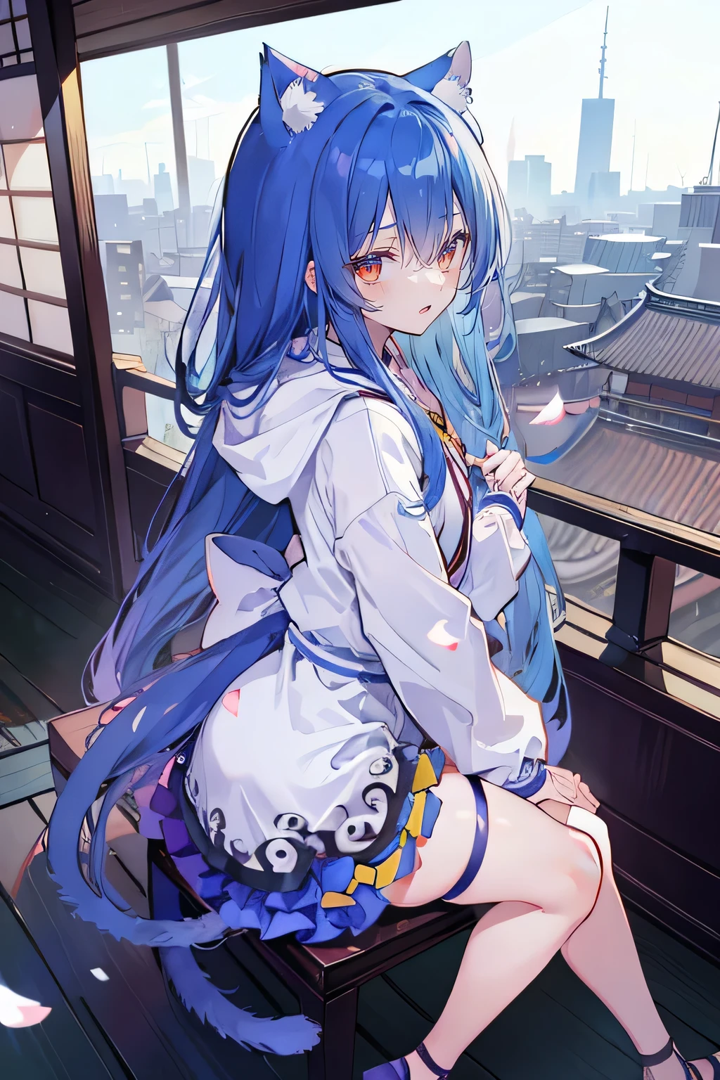 （masterpiece：1.2），Super detailed，lifelike，Expressive eyes，fair skin，perfect face shape，1 girl，
Japanese comics,Gorgeous blue hair,flowing blue hair,flowing clothes,Cat ears,Petals fall,beautiful lola,Baby Angel,
Cross your legs，Gentle and peaceful background，The pavilion is cool and comfortable,smile, wearing hoodie, background of tokyo,back views,snowing, winter.
