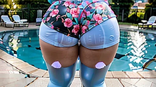 fat ssbbw curvy bottom heavy pear shaped wide hiped british women, 30 brunette, they are standing together near the pool, they are wearing tight low waisted leggings, and short sleeved floral camisoles, they bend over, view from behind, their leggings are ripping, they are both too round and wide, (longtorso) stretched torsos