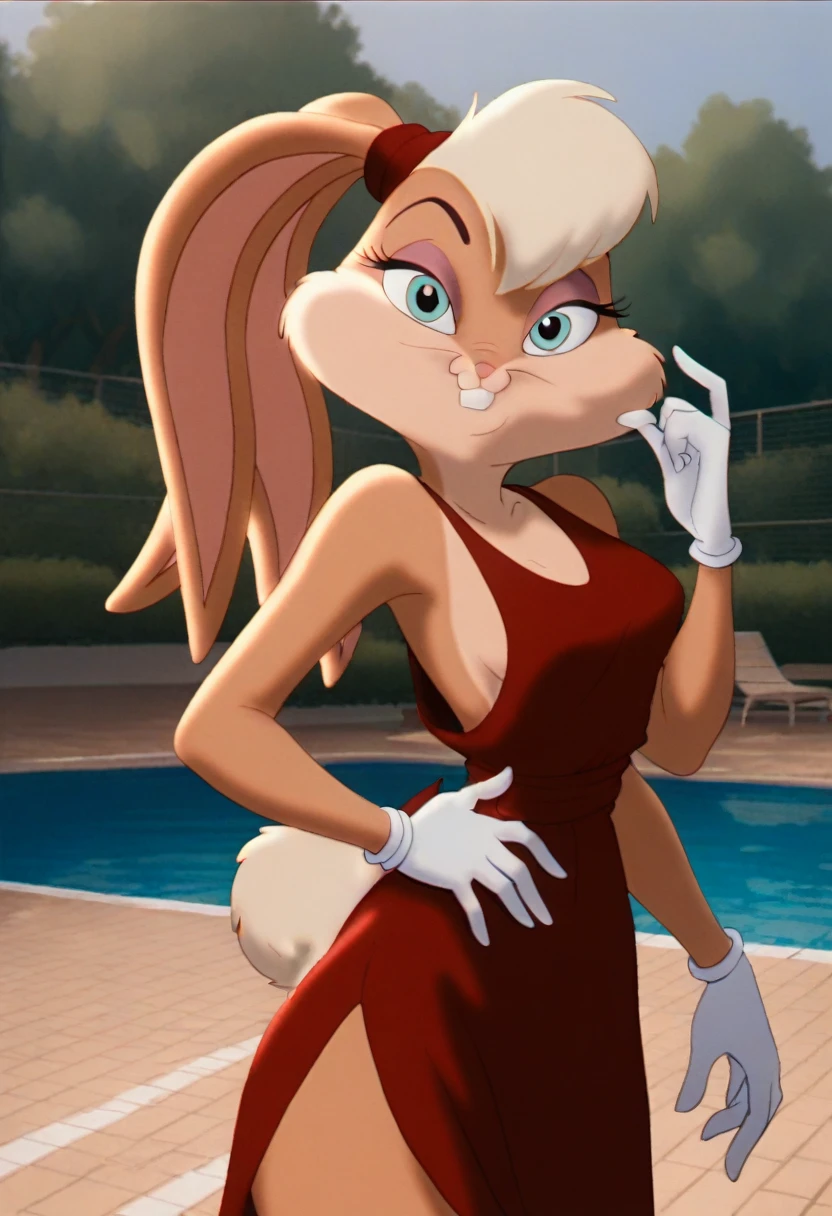 lolabunny, 1girl, solo, furry female, rabbit ears, rabbit girl, animal nose,white gloves, blue eyes, body fur, standing, tail, buck teeth,cowboy shot,smile,looking at viewer, outdoor pool, score_9, score_8_up, score_7_up, score_6_up, score_5_up, score_4_up , sexy red gown