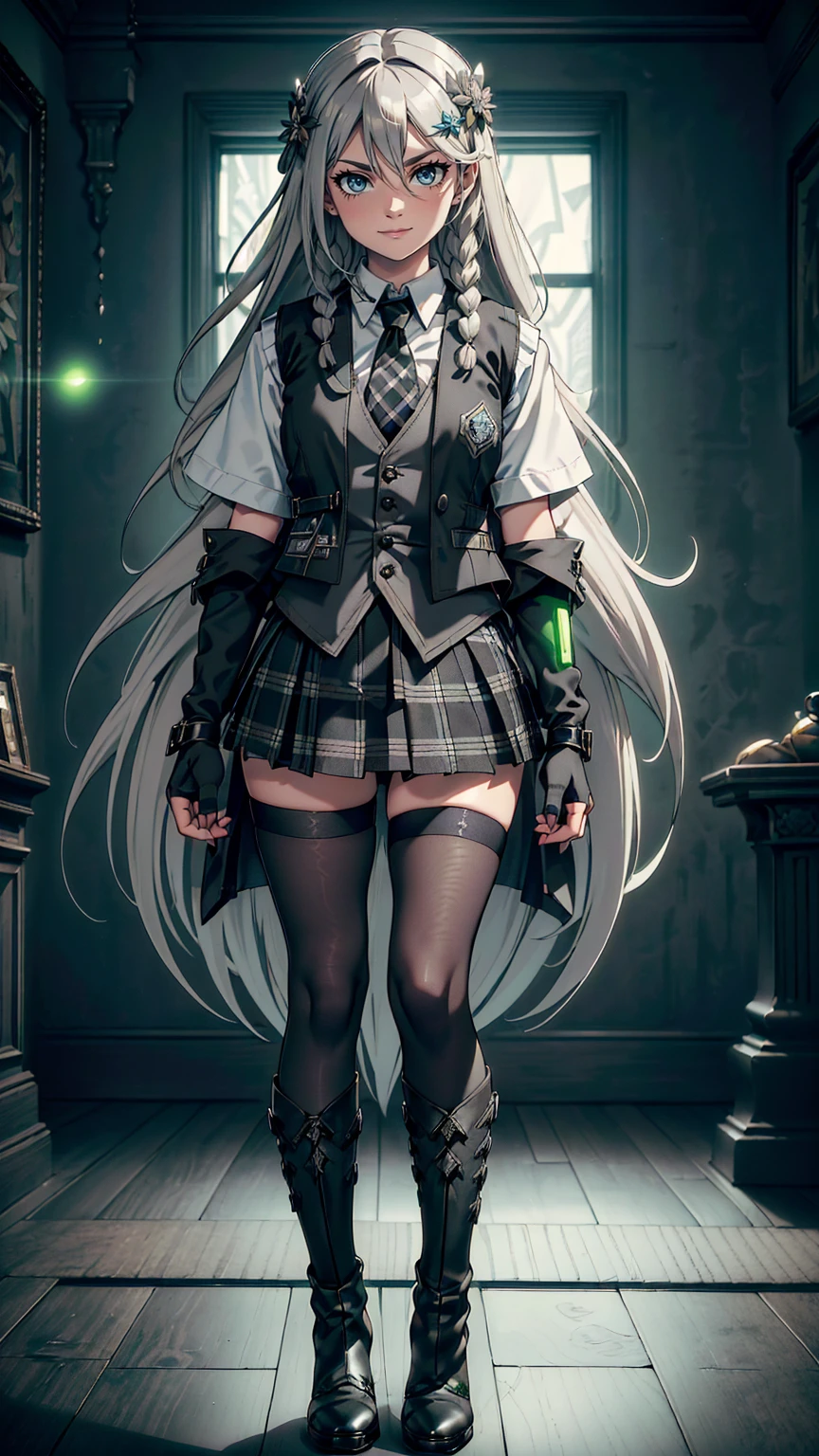最high quality、Ultra High Definition, Ultra High Quality, Hyper Definition, Hyper Quality, Hyper Detailed, Extremely Detailed, Perfectly Detailed, Best image quality、masterpiece、woman((20-year-old、 super dynamic pose , legs bent at the knees, Green glowing eyes, Silver long Hair with a small braids、Disheveled Hair、Long White Hair、Thin,Fingerless Glove、Black School Vest, Shirt, Grey Plaid Skirt, Black Tights, Ankle Boots On Heels, Smirk、 Hair White Flower Barrette, Dressed in school)),high quality、Beautiful art、background((Inside the mansion))、Written boundary depth、movie、Visual Arts、Perfect art、8K,Genuine、