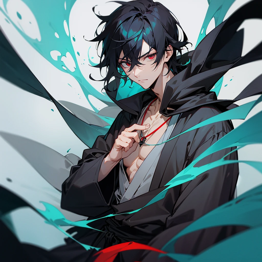 anime character, a handsome man,black hair, wearing gray clothes with a black robe, wearing a necklace, has a turquoise aura, calm face,the left eye is black and the right eye is red.