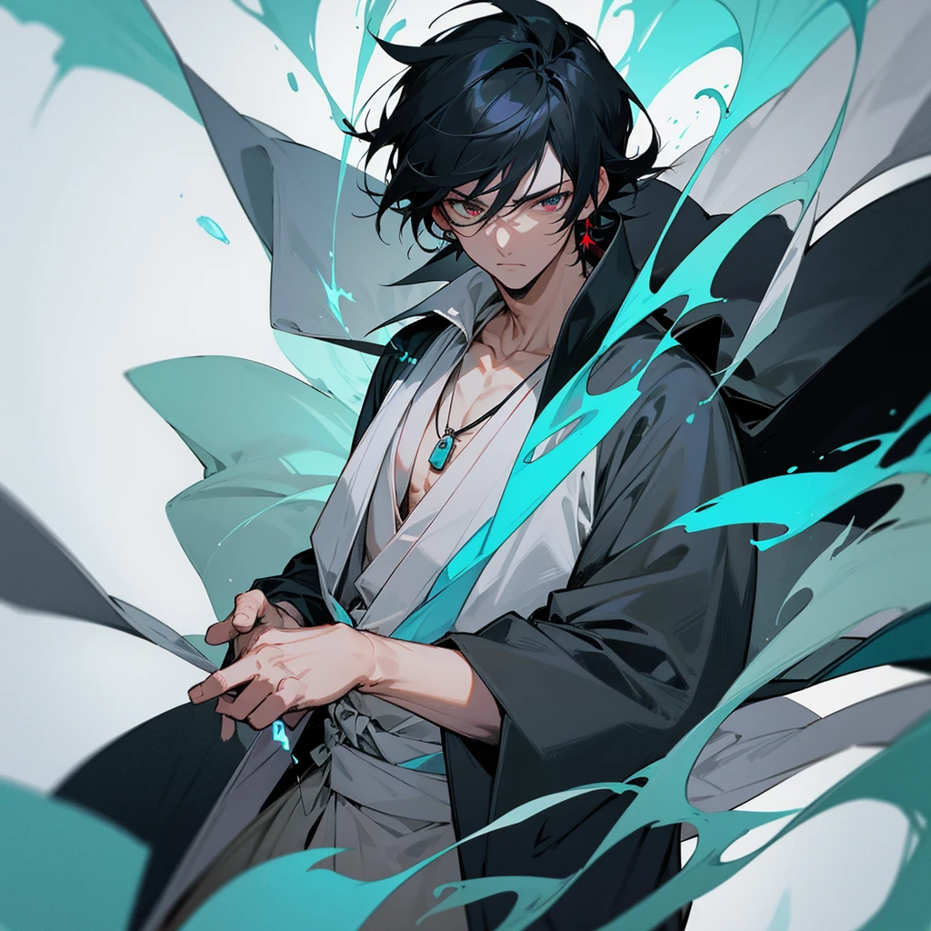 anime character, a handsome man,black hair, wearing gray clothes with a black robe, wearing a necklace, has a turquoise aura, calm face,the left eye is black and the right eye is red.