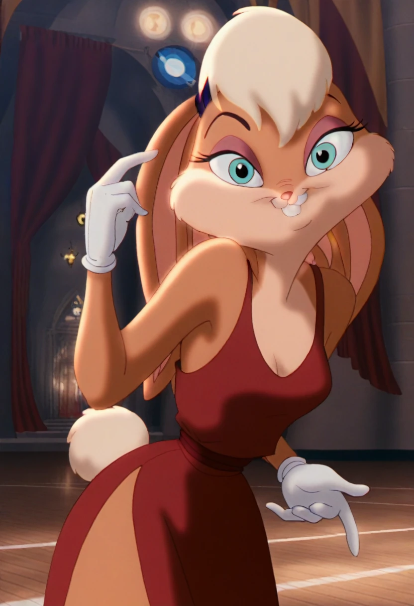 lolabunny, 1girl, solo, furry female, rabbit ears, rabbit girl, animal nose,white gloves, blue eyes, body fur, standing, tail, buck teeth,cowboy shot,smile,looking at viewer, luxury golden castle, score_9, score_8_up, score_7_up, score_6_up, score_5_up, score_4_up , sexy red gown