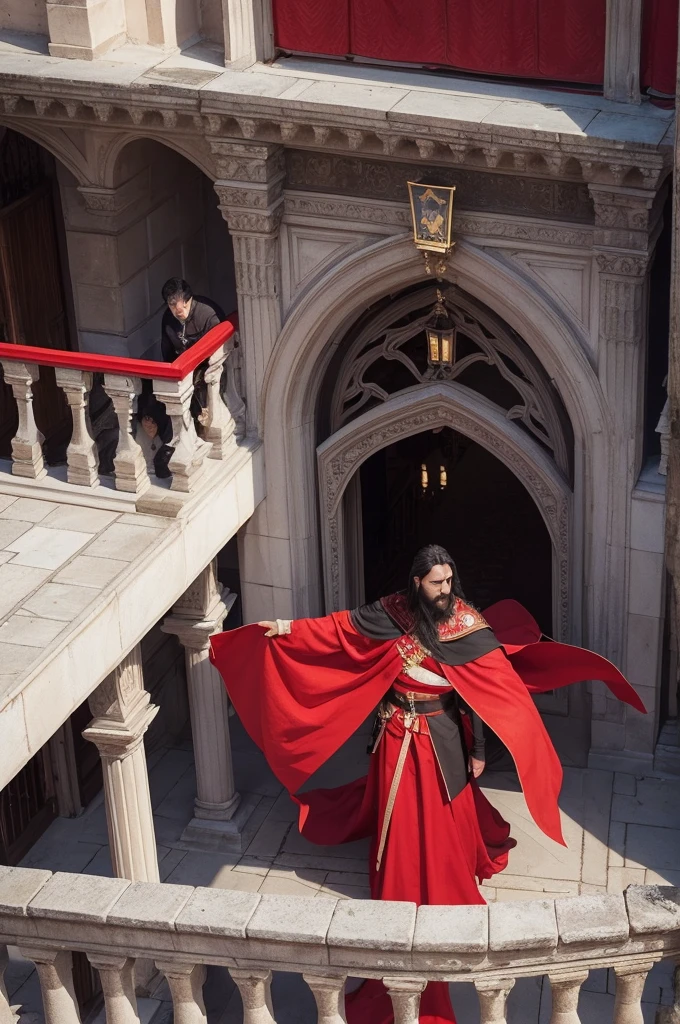 Make an image of a square with more than 100 people, further ahead there is a castle and on a balcony there is a little red dot that is a beautiful 36 year old black-haired king, Dressed in black and red, he is holding and showing his red sword