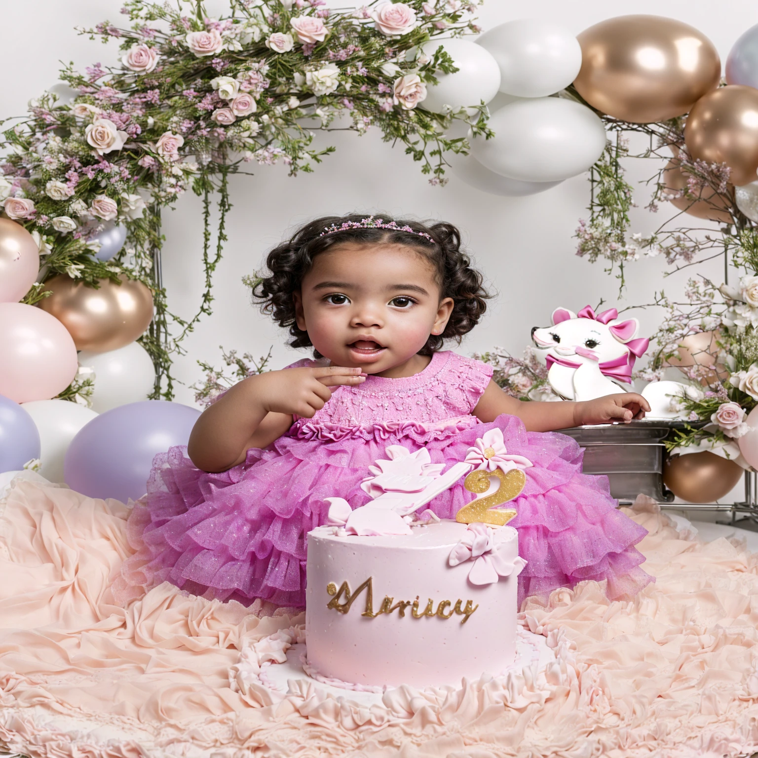 Araffe girl in pink dress sitting in front of a cake, , complex background, raised, magical mood, portrait photo, cute and lovely, 1614572159, modeling photography, holding a birthday cake, edited, high quality photo, added detail, colored background, monica, young and cute