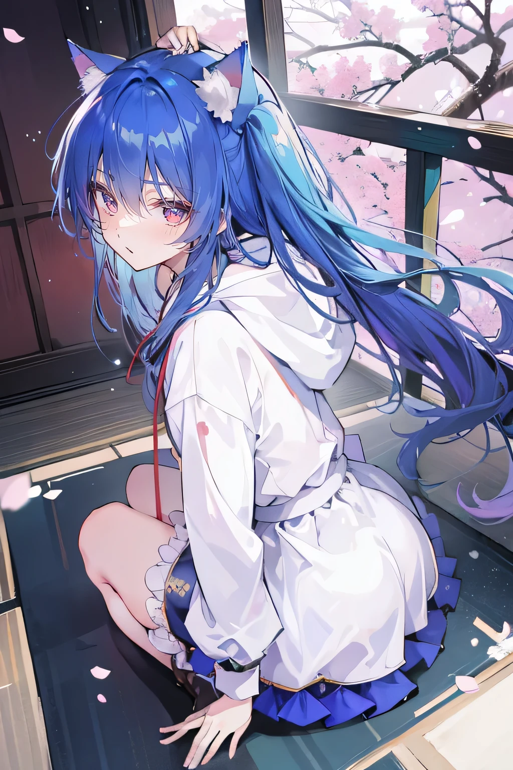 （masterpiece：1.2），Super detailed，lifelike，Expressive eyes，fair skin，perfect face shape，1 girl，
Japanese comics,Gorgeous blue hair,flowing blue hair,flowing clothes,Cat ears,Petals fall,beautiful lola,Baby Angel,
Cross your legs，Gentle and peaceful background，The pavilion is cool and comfortable,smile, wearing hoodie, background of tokyo,back views,snowing, winter.