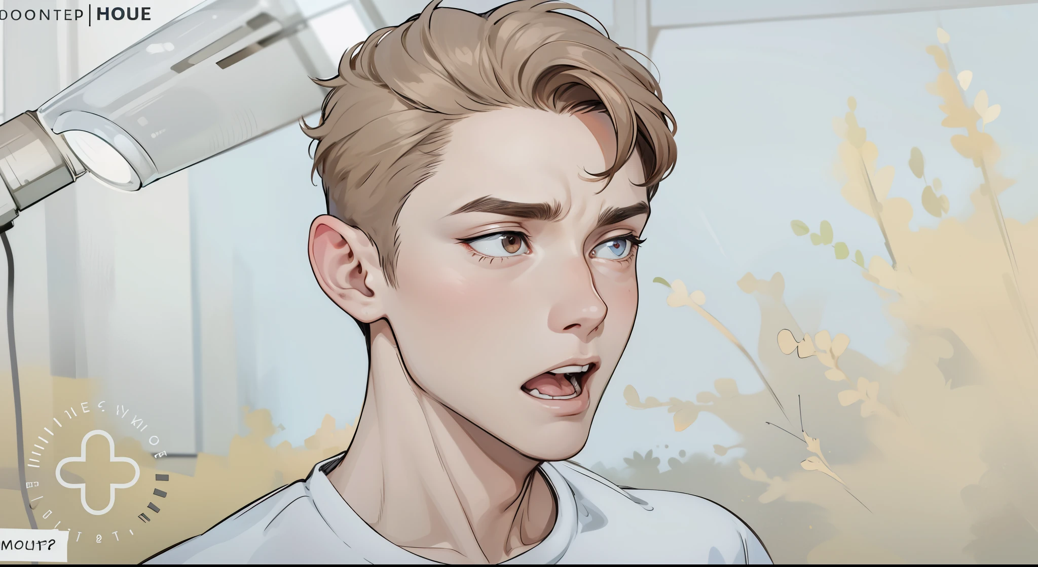He is talking, he opens his mouth, he is scared and he is surprised, he asks for forgiveness, he has brown hair, he is 18 years old.