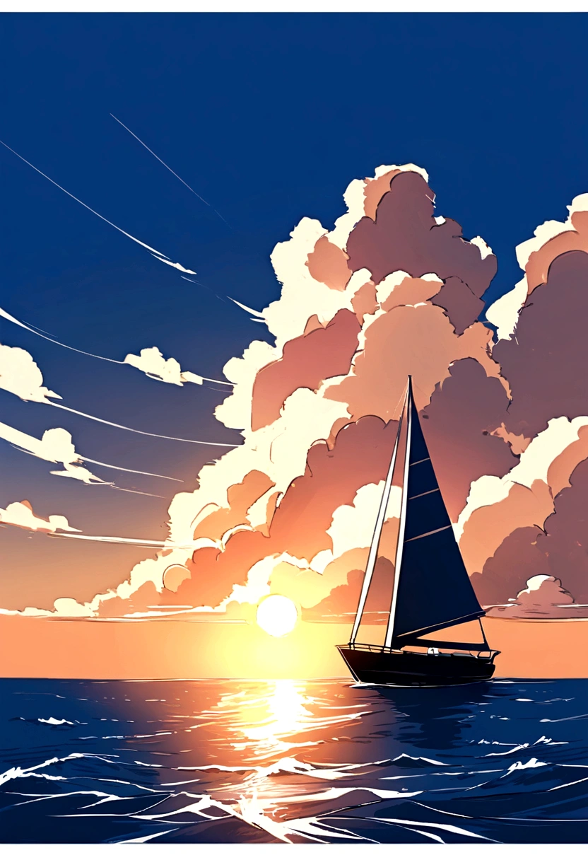 a ship in the ocean with the wind blowing in favor, sailing calmly, summer sunshine