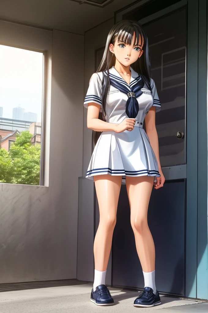 Mizushima Asa, who has big breasts and beautiful legs, is standing in a bus wearing a miniskirt uniform.。