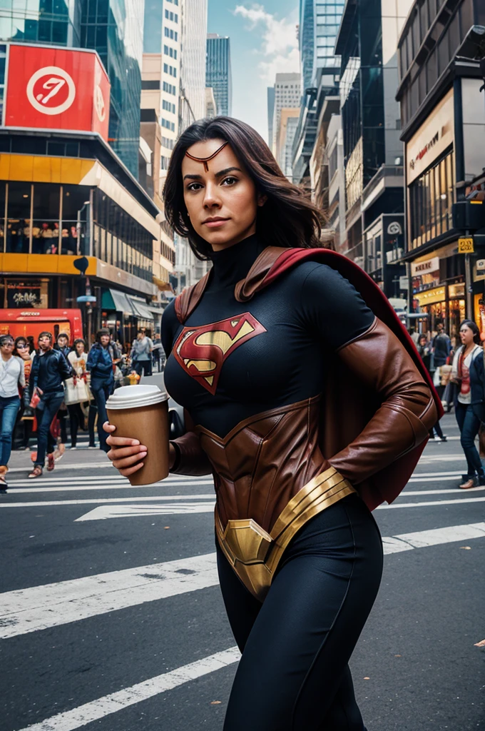 Illustrate a superhero attempting to carry a tray of coffees without spilling them, using their powers to navigate a busy city street