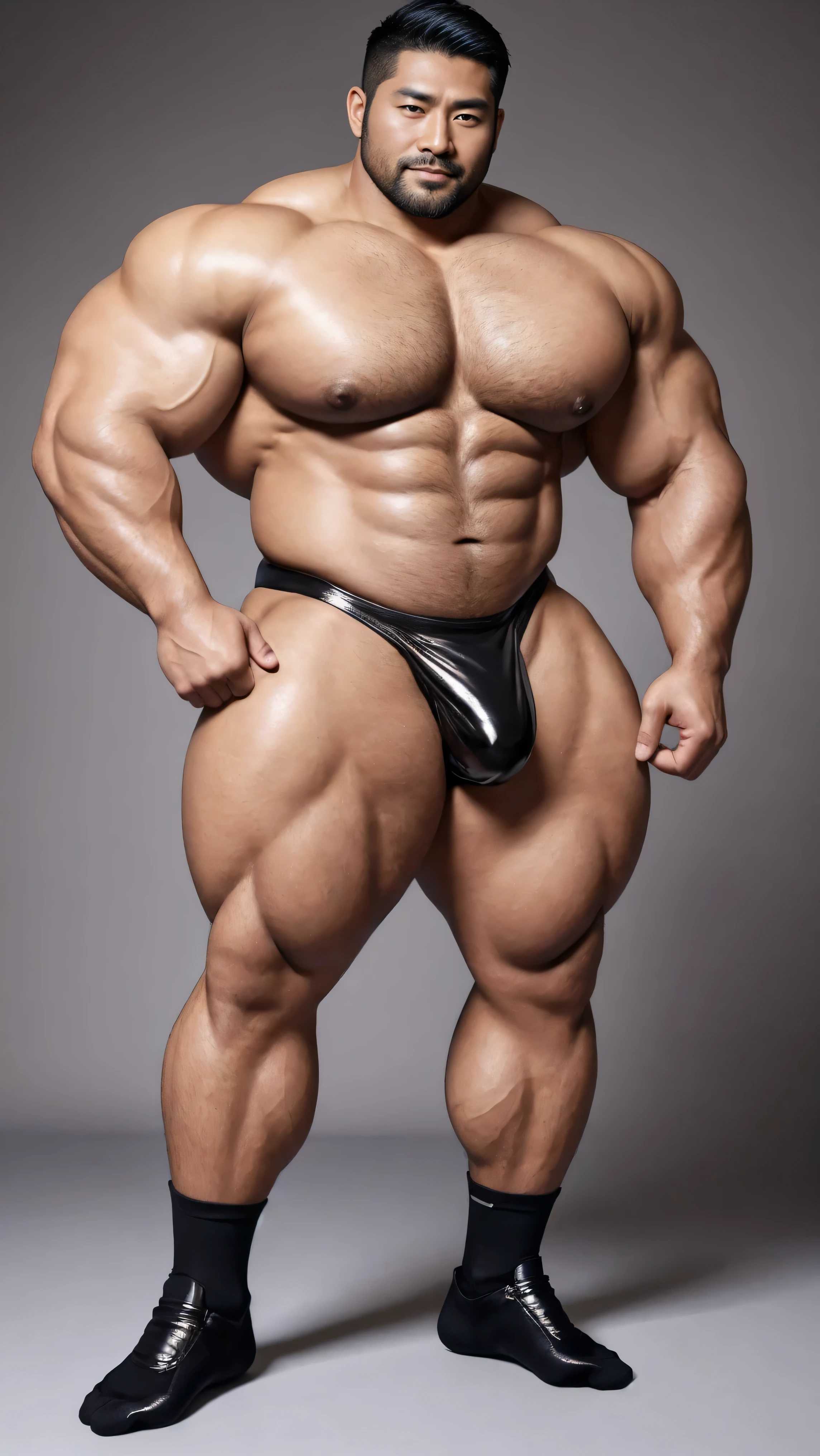 There is only one handsome Asian actor in the photo,35 years old,High target, Fitness,short hair, O-Shaped Beard,Perfect body, Dark skin color,Radiant Skin,Smooth skin,Muscle bulge, muscular, Very large pectoral muscles,Very sexy abdominal muscles,Very well-developed leg muscles,Huge concave and convex area,Brightens oily skin,Wearing black leather shiny thong,Handsome face, Correct and accurate male body proportions, Wear black socks,Standing on a gray background。