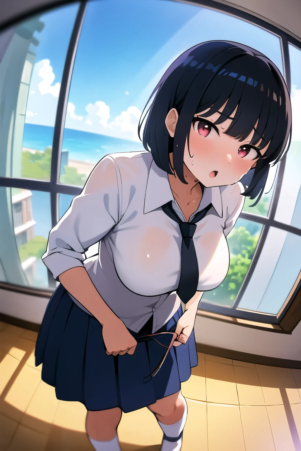 1 Female, Age 20,low angle full body shot,Staring at the audience,Shiny black hair,Black hair medium bob,bangs,Class President,((face)), In the heat, Sulky face, Pink Eyes,Big Boobs, White shirt,Navy blue tie,skirt,High quality anime, Vulgar,(90s Anime), ((Sweat)), Mastepiece, Ultra High Quality, High resolution, 8K, background:live-action,background:Super Real,background:Photographic school classroom,Window,sunlight,((Fisheye Lens)),backgroundボケ,(Low - Angle),