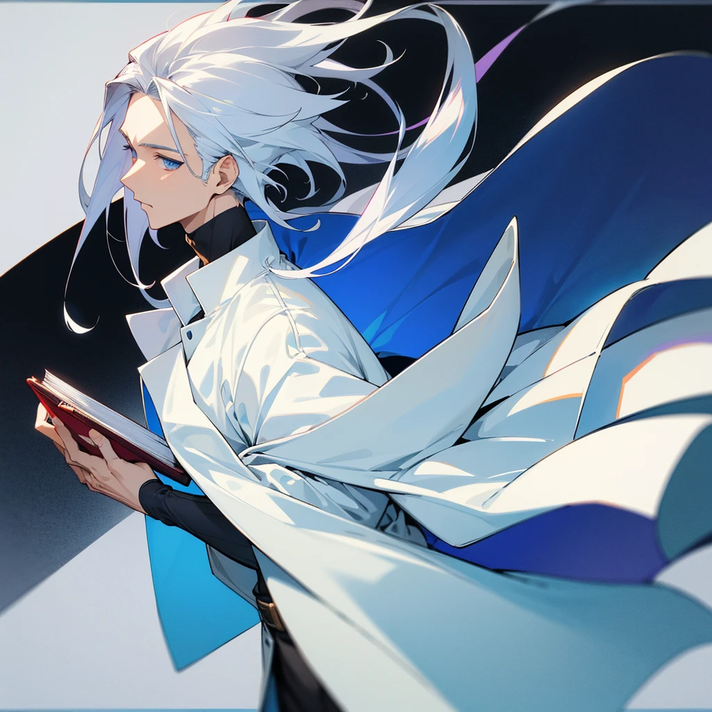 anime characters, a handsome man,fine hair parted in the middle is white, wearing a white turtleneck, and wearing a long white coat, holding a book, square chin