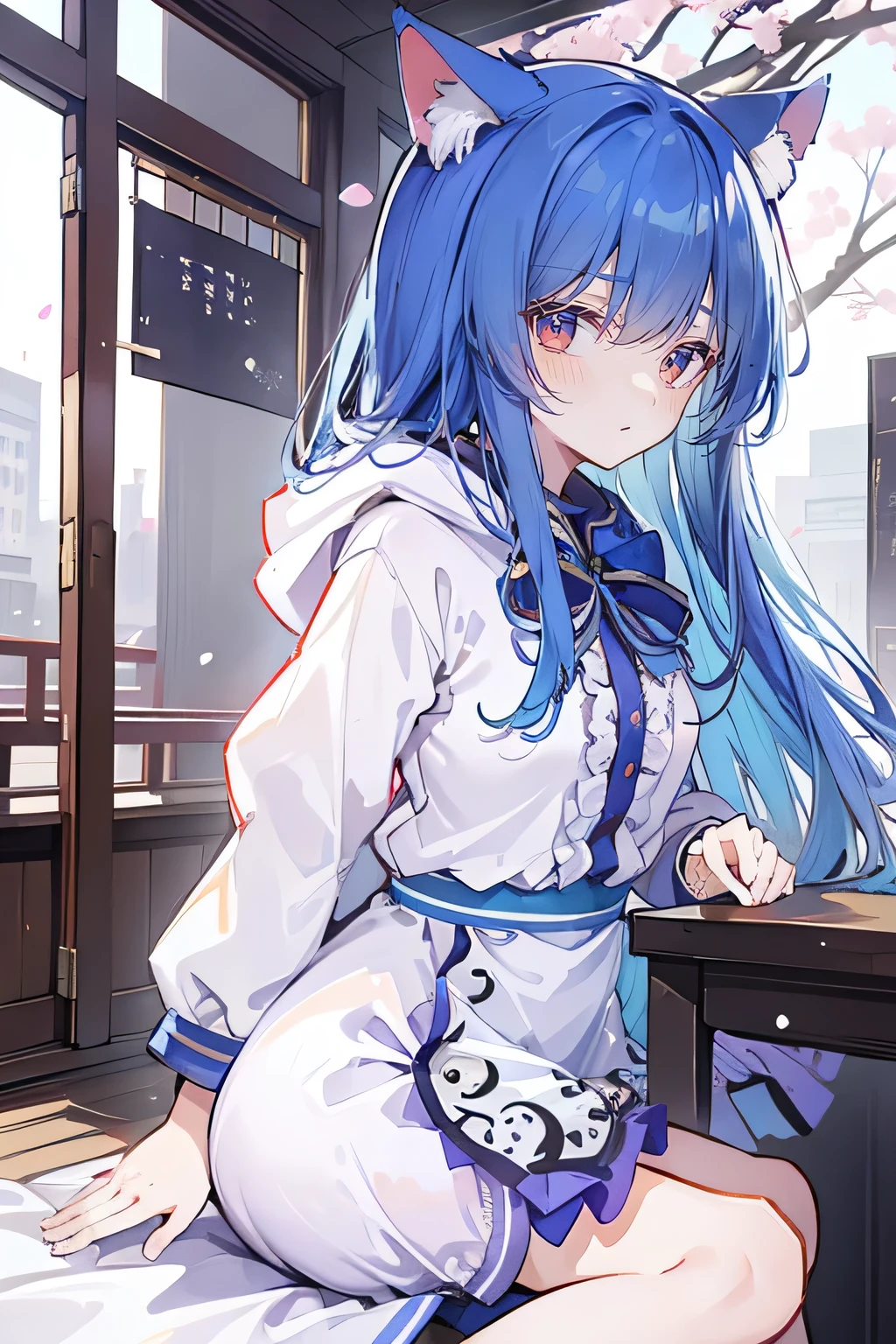 （masterpiece：1.2），Super detailed，lifelike，Expressive eyes，fair skin，perfect face shape，1 girl，
Japanese comics,Gorgeous blue hair,flowing blue hair,flowing clothes,Cat ears,Petals fall,beautiful lola,Baby Angel,
Cross your legs，Gentle and peaceful background，The pavilion is cool and comfortable,smile, wearing hoodie, background of tokyo,back views,snowing, winter.