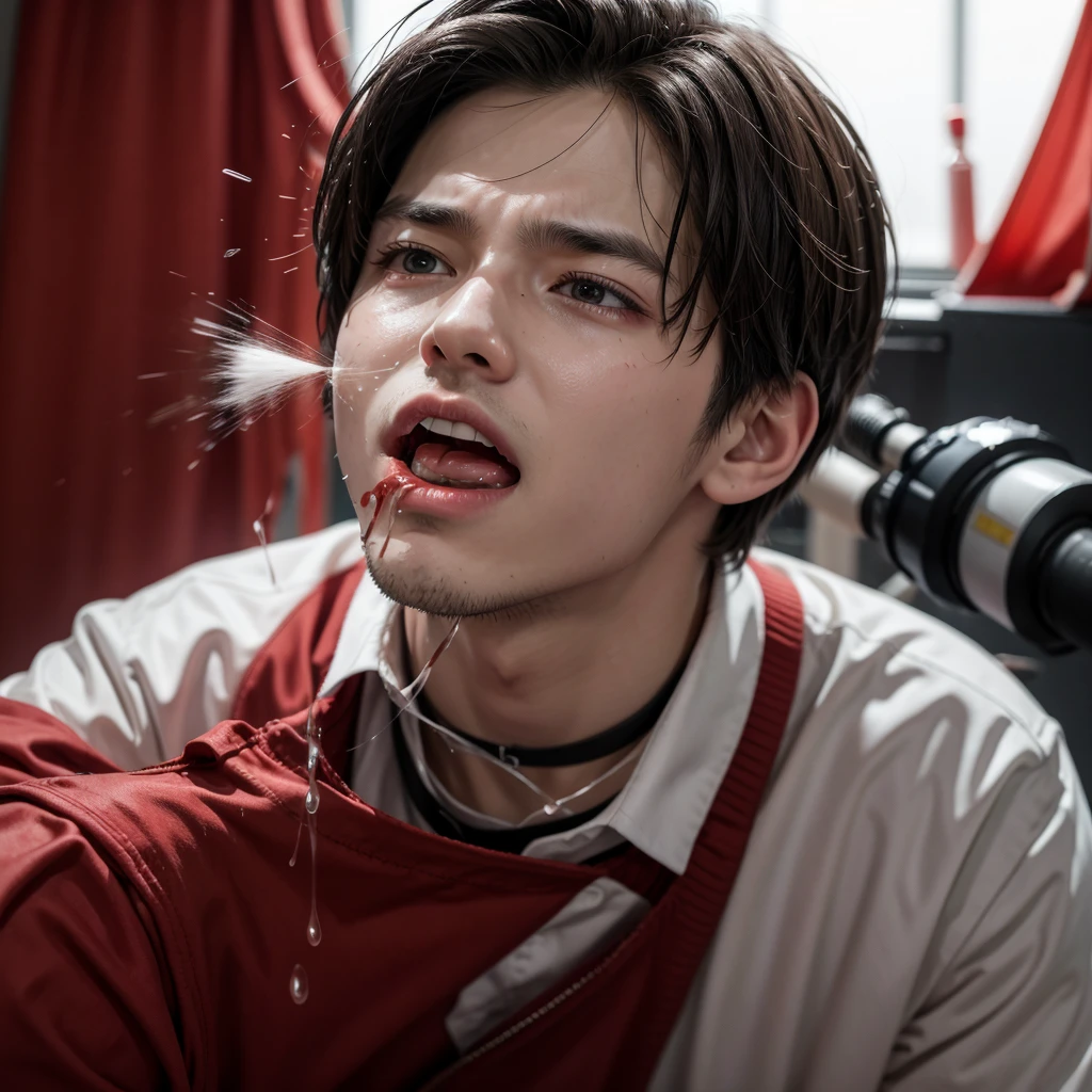 A guy spurting blood from his mouth