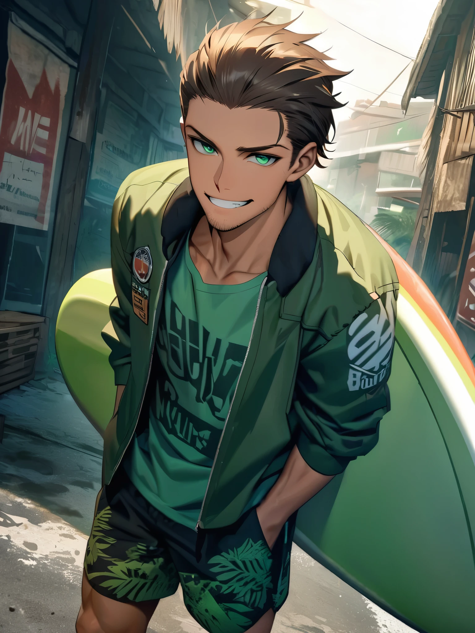 Ultra detailed, HDR, Solo male, 24 years old, slicked-back brown hair, green eyes, (((green shirt with Good Boy written on it))), ((green bomber jacket)), Hawaiian surfing shorts, ((eyes half open)), ((grinning)), standing with hands in pockets, stubble, tanned