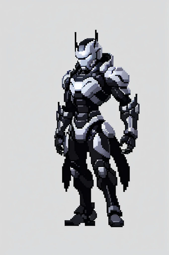 white background, ultra detailed, game protagonist, pixel art, humanoid black and gray slender mecha robot character using a cloak and floating like ironman, from sidescroller game