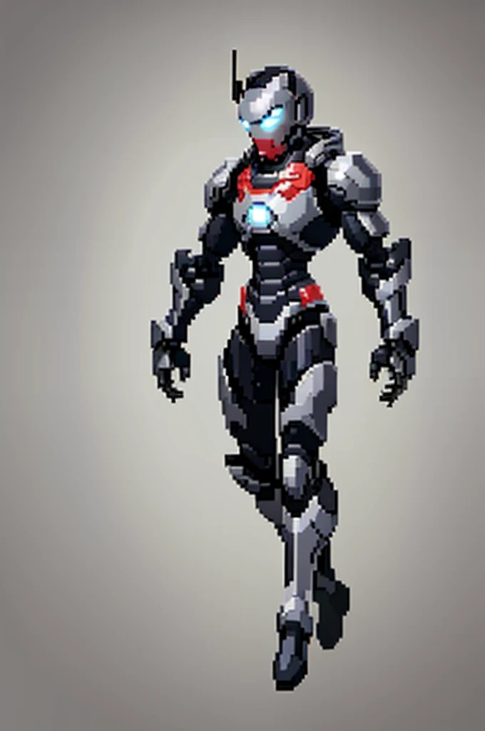 white background, ultra detailed, game protagonist, pixel art, humanoid black and gray slender mecha robot character using a cloak and floating like ironman, from sidescroller game