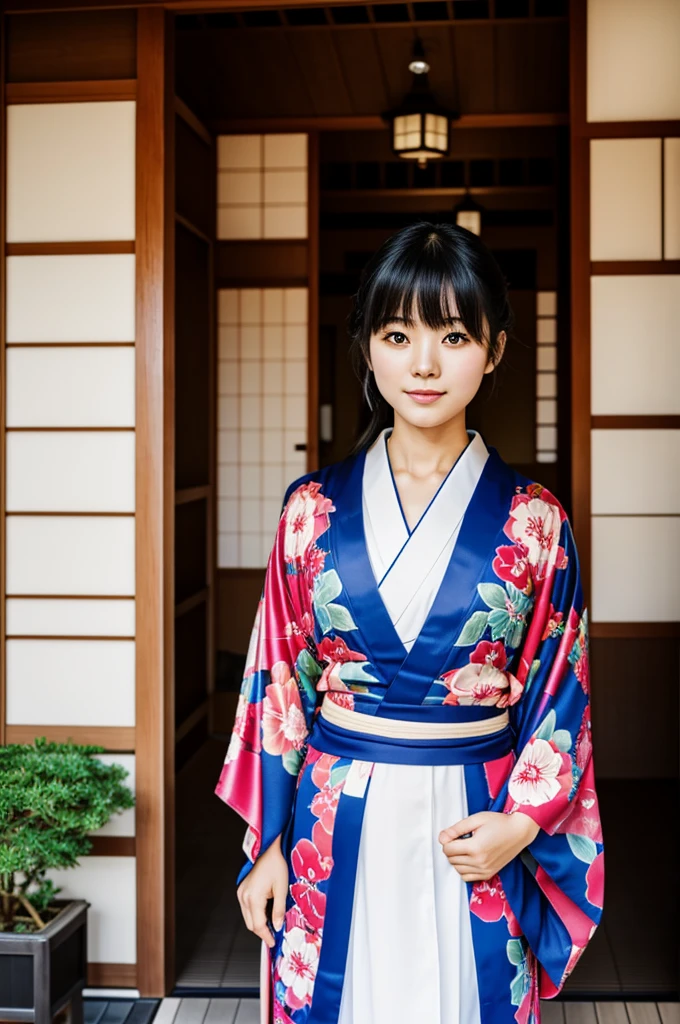 A young Japanese girl of 27 years old in a bold kimono