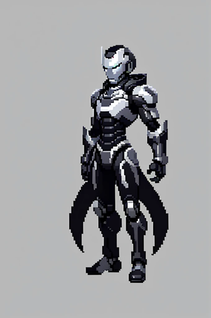 white background, ultra detailed, game protagonist, pixel art, humanoid black and gray slender mecha robot character using a cloak and floating like ironman, from sidescroller game