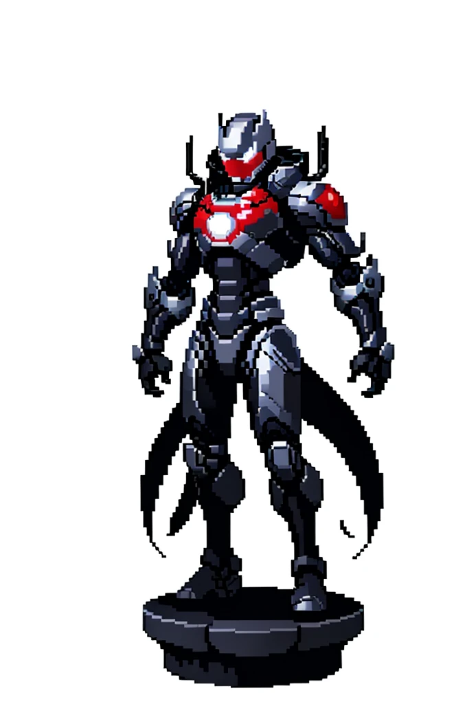 white background, ultra detailed, game protagonist, pixel art, humanoid black and gray slender mecha robot character using a cloak and floating like ironman, from sidescroller game