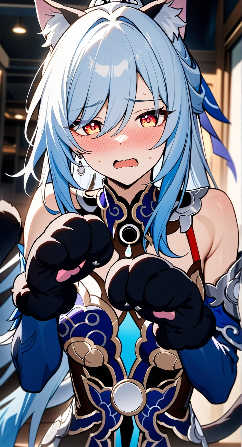 cinematic lighting, best quality, masterpiece, highres, detailed, perfect anatomy,jingliu \(honkai: star rail\), cat ears, cat tail, paw gloves, paw pose, indoor, blushing, open mouth, wavy mouth