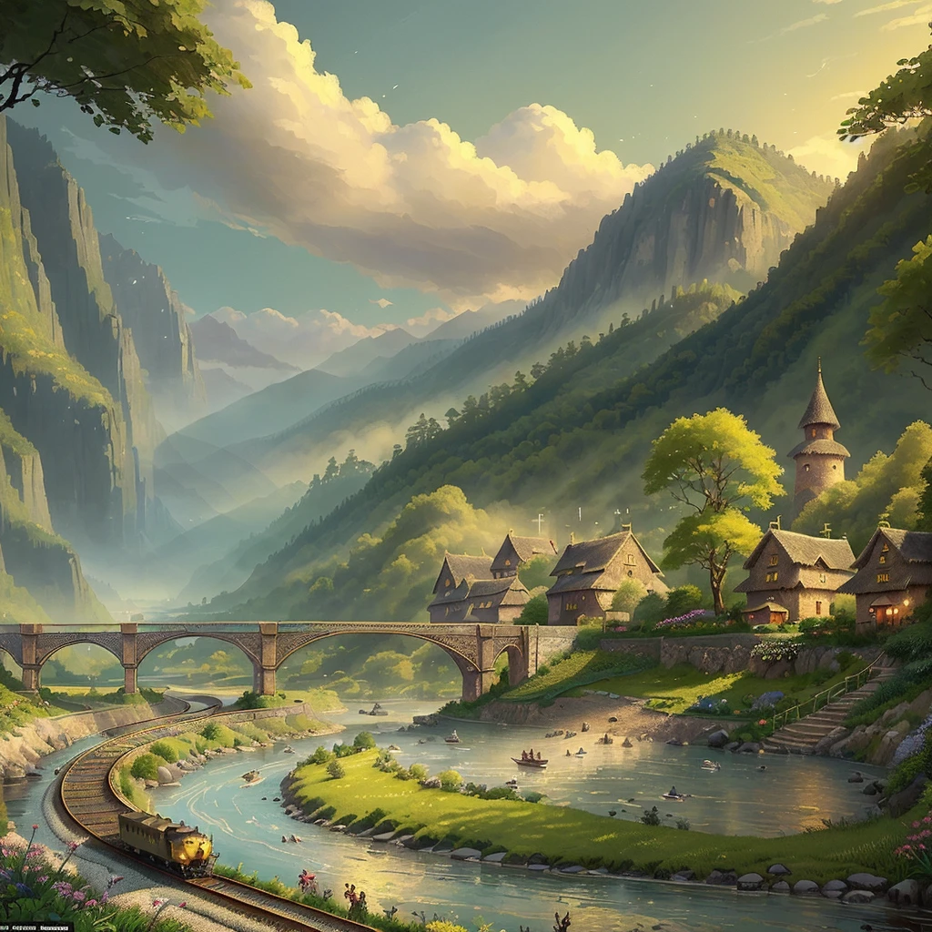((best quality)), ((masterpiece)), (detailed), a beautiful, a set of train tracks run through a lush fantasy landscape, a small fantasy village sits near a river bank in the distance, fantasy village, railroad, gorgeous fantasy landscape, stunning world, in the style of video game concept art