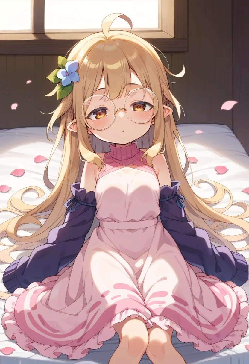 score_9, score_7_up, score_6_up, 1girl, source_cartoon, source_anime,breathtalking Scenery,watercolor,smooth soft skin, natural skin,anime screencap,mjm,rating_questionable
BREAK
(round glasses:1.5), (loli:1.6),ecru beige hair,(half closed eyes:1.1),beige eyes,kawaii,(highlight on eyes:1.1),(cute face:1.1),baby face,
BREAK
(sleeves past hands:1.6), (sleeves past wrists:1.3),(hands are hidden in sleeves:1.3),sleeves past fingers,flower Jabot,flower corsage,
BREAK
(excessive messy hair:1.4), excessive long messy hair with bed head, excessive long hair, antenna hair, (ahoge:1.2),sleepy,
BREAK
Transparent pink scales dress made of petals material,lilac scales dress inspired by flower petals,(emerge scales dress fused with flower petals:1.5),pink turtleneck,