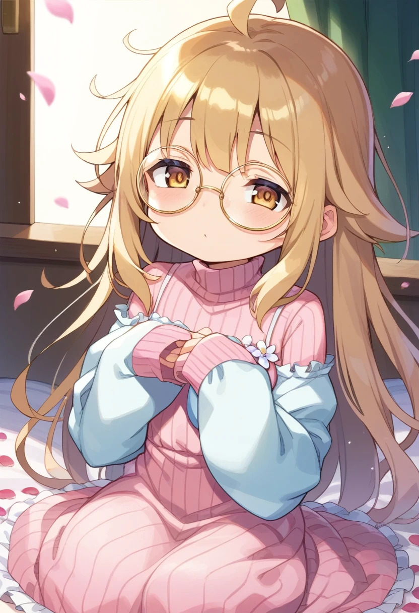 score_9, score_7_up, score_6_up, 1girl, source_cartoon, source_anime,breathtalking Scenery,watercolor,smooth soft skin, natural skin,anime screencap,mjm,rating_questionable
BREAK
(round glasses:1.5), (loli:1.6),ecru beige hair,(half closed eyes:1.1),beige eyes,kawaii,(highlight on eyes:1.1),(cute face:1.1),baby face,
BREAK
(sleeves past hands:1.6), (sleeves past wrists:1.3),(hands are hidden in sleeves:1.3),sleeves past fingers
BREAK
(excessive messy hair:1.4), excessive long messy hair with bed head, excessive long hair, antenna hair, (ahoge:1.2),sleepy,
BREAK
Transparent pink scales dress made of petals material,lilac scales dress inspired by flower petals,(emerge scales dress fused with flower petals:1.5),pink turtleneck,flower Jabot,flower corsage,