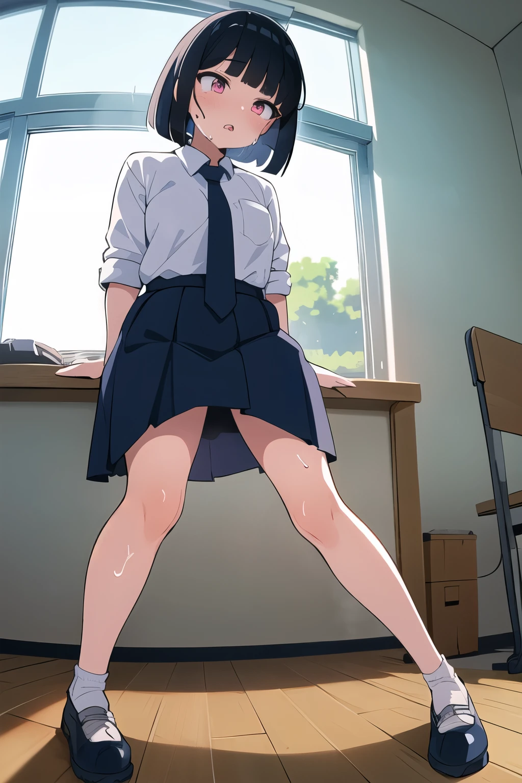 1 Female, Age 20,low angle full body shot,Staring at the audience,Shiny black hair,Black hair medium bob,bangs,Class President,((face)), In the heat, Crying face, Pink Eyes,Big Boobs, White shirt,Navy blue tie,skirt,High quality anime, Vulgar,(90s Anime), ((Sweat)), Mastepiece, Ultra High Quality, High resolution, 8K, background:live-action,background:Super Real,background:Photographic school classroom,Window,sunlight,((Fisheye Lens)),backgroundボケ,(Low - Angle),