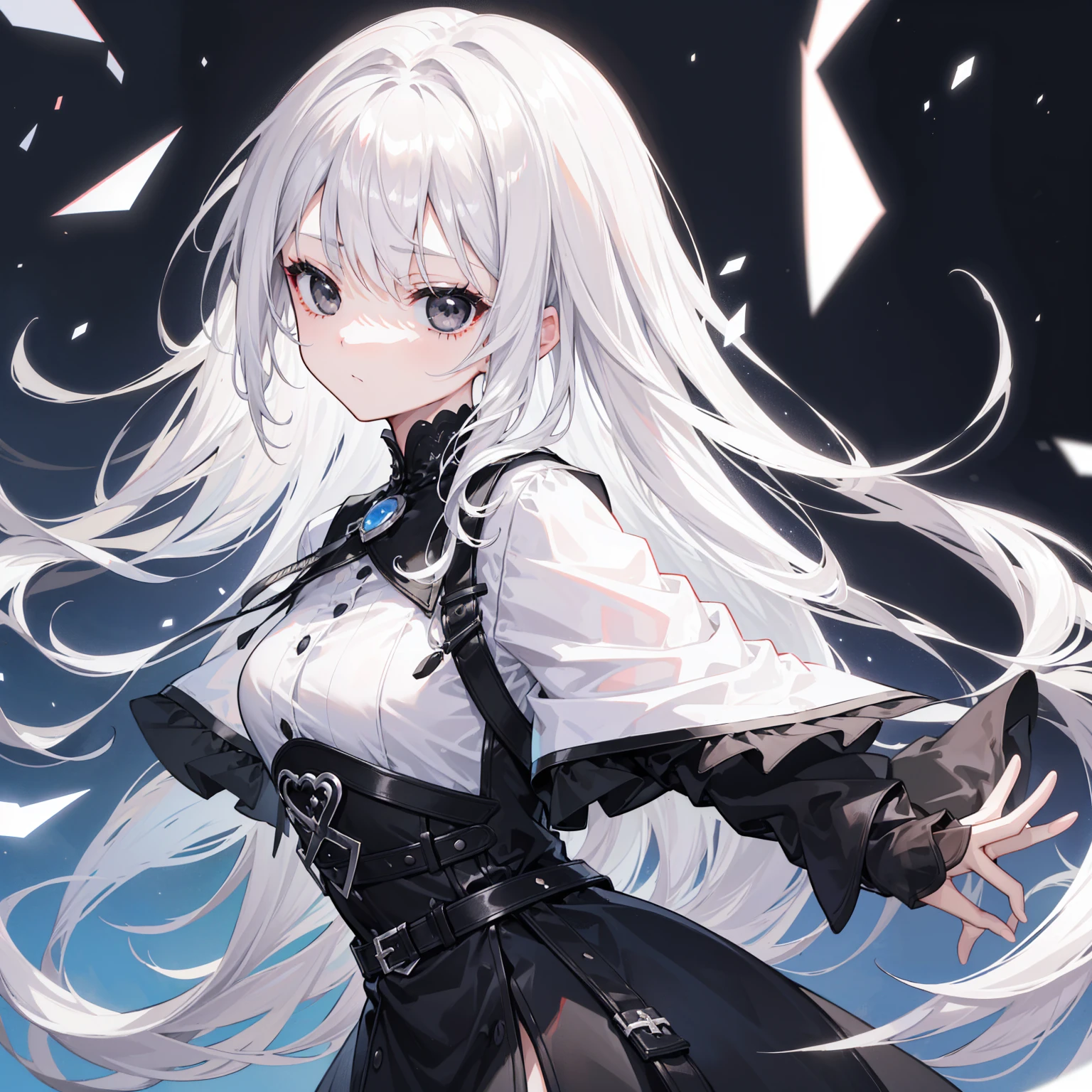 (Top image quality)、(Ultra Detailed)、(Facing forward)、top quality、masterpiece、(((1 girl)))、Silver Hair、white hair、((Long hair))、(black eyes:1.6)