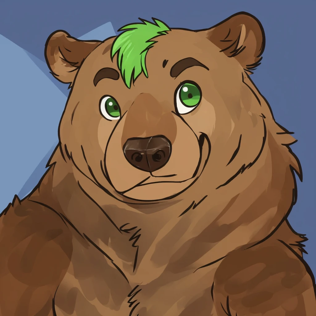 a anthropomorphic and muscular grizzly bear with green hair, closed smile, high quality furry art, cute.