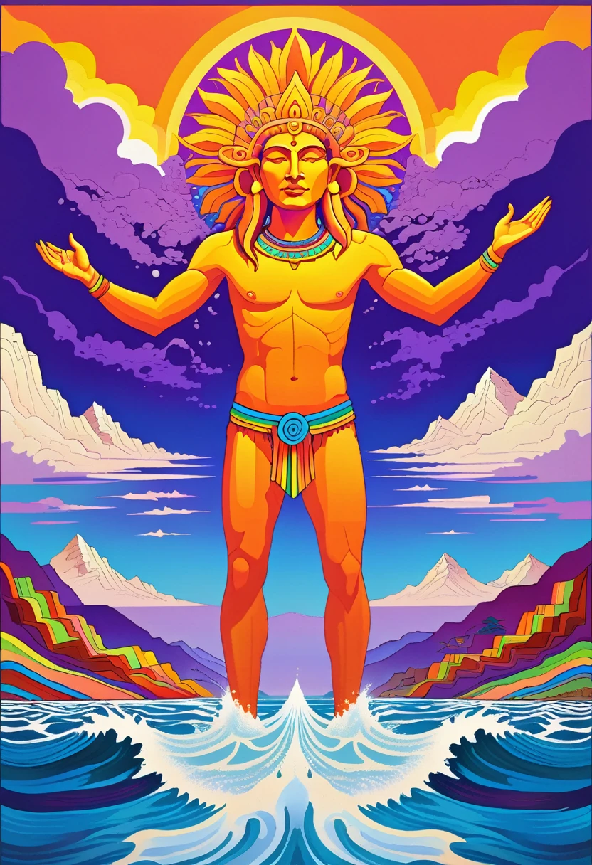 album cover with modern and minimalist frame, orange god inti emerging from the blue sea and rising to the violet skies, yellow inca sun in the upper background, mountains in the lower background, swirly vibrant colors, psychedelic art