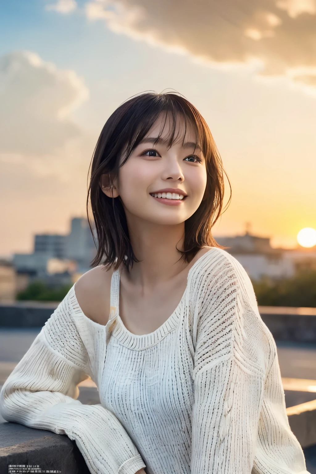 1 Girl, (Wearing a white summer sweater:1.2), Very beautiful Japanese idol portraits, 
(RAW Photos, Highest quality), (Realistic, Realistic:1.4), (masterpiece), 
Very delicate and beautiful, Very detailed, 2k wallpaper, wonderful, finely, Very detailed CG Unity 8K 壁紙, Very detailed, High resolution, Soft Light, 
Beautiful detailed girl, Very detailed目と顔, Beautiful and sophisticated nose, finelyて美しい目, Cinema Lighting, 
(Fashion magazine photography:1.3), (Outdoor), (Looking up at the sunset sky),
(short hair), 
Complete Anatomy, Slender body, Small breasts, smile