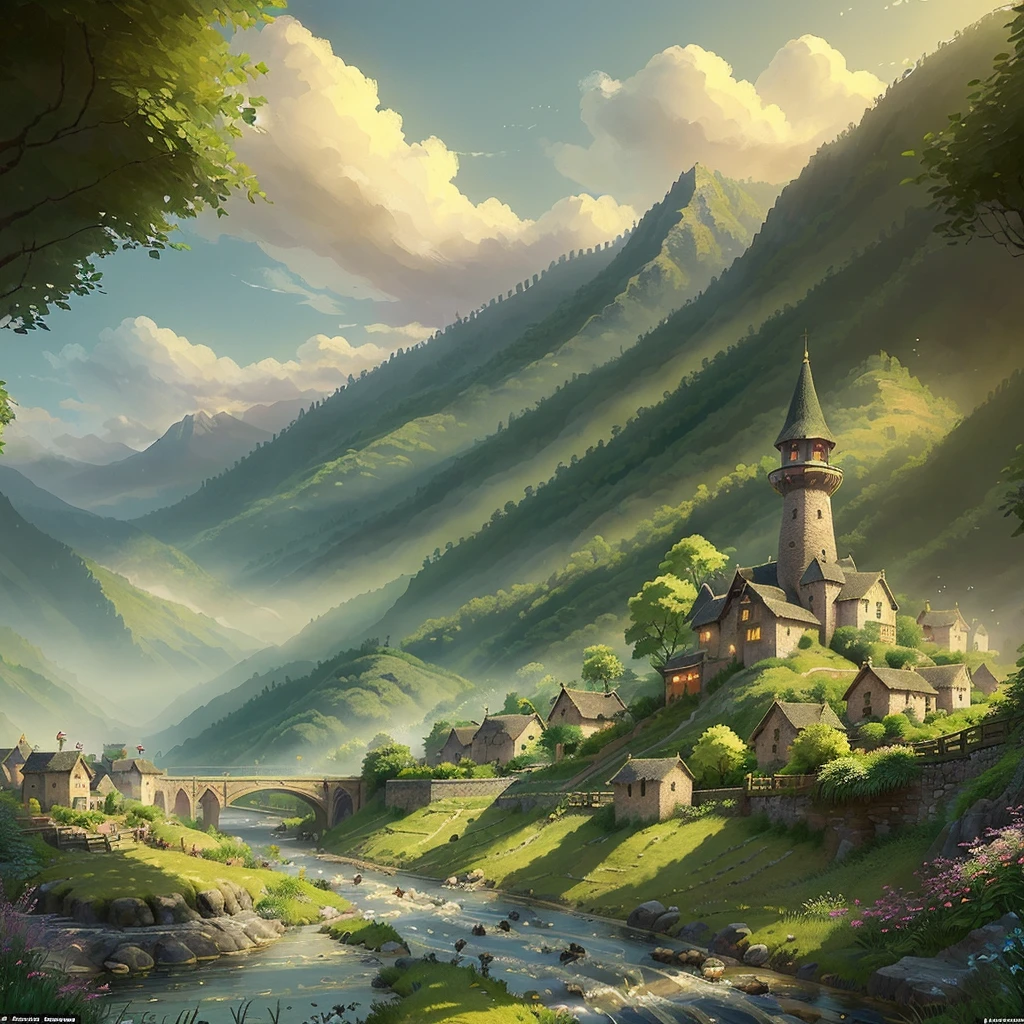 ((best quality)), ((masterpiece)), (detailed), a beautiful, a set of train tracks run through a lush fantasy landscape, a small fantasy village sits near a river bank in the distance, fantasy village, railroad, gorgeous fantasy landscape, stunning world, in the style of video game concept art