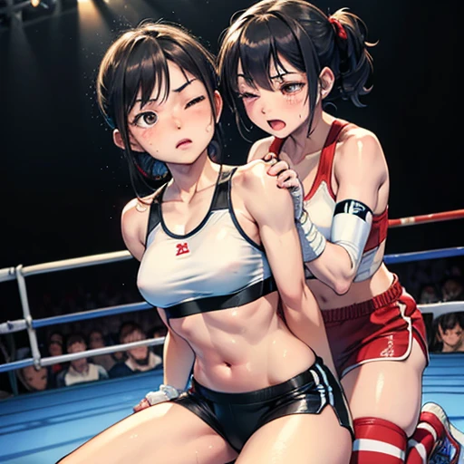 Sitting on your buttocks, leaning back against the ring ropes。Both arms are caught in the ring ropes。Seriously injured Japanese female boxer。Sweating a lot。One eye closed, out of breath。Drooling。Boxing gloves。Sports Bra。High leg shorts。