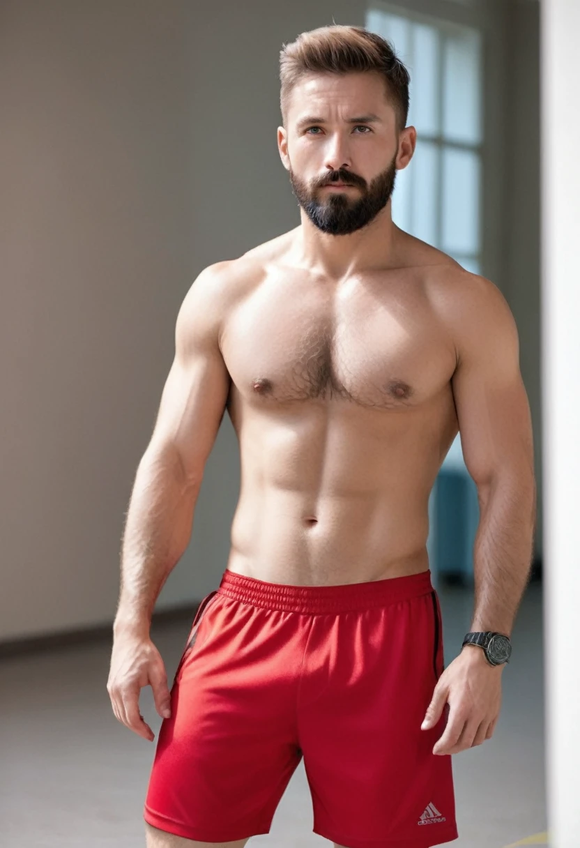 Male Alpha male, top, handsome, muscle body, sweating, soccer short bright red football, skating, little beard, gym, in dominant attitude, cock bulge